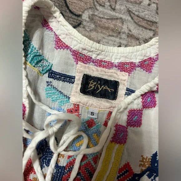 Johnny Was Biya Tunic Blouse Sz S Bohemian Embroidered Colorful Peasant Festival